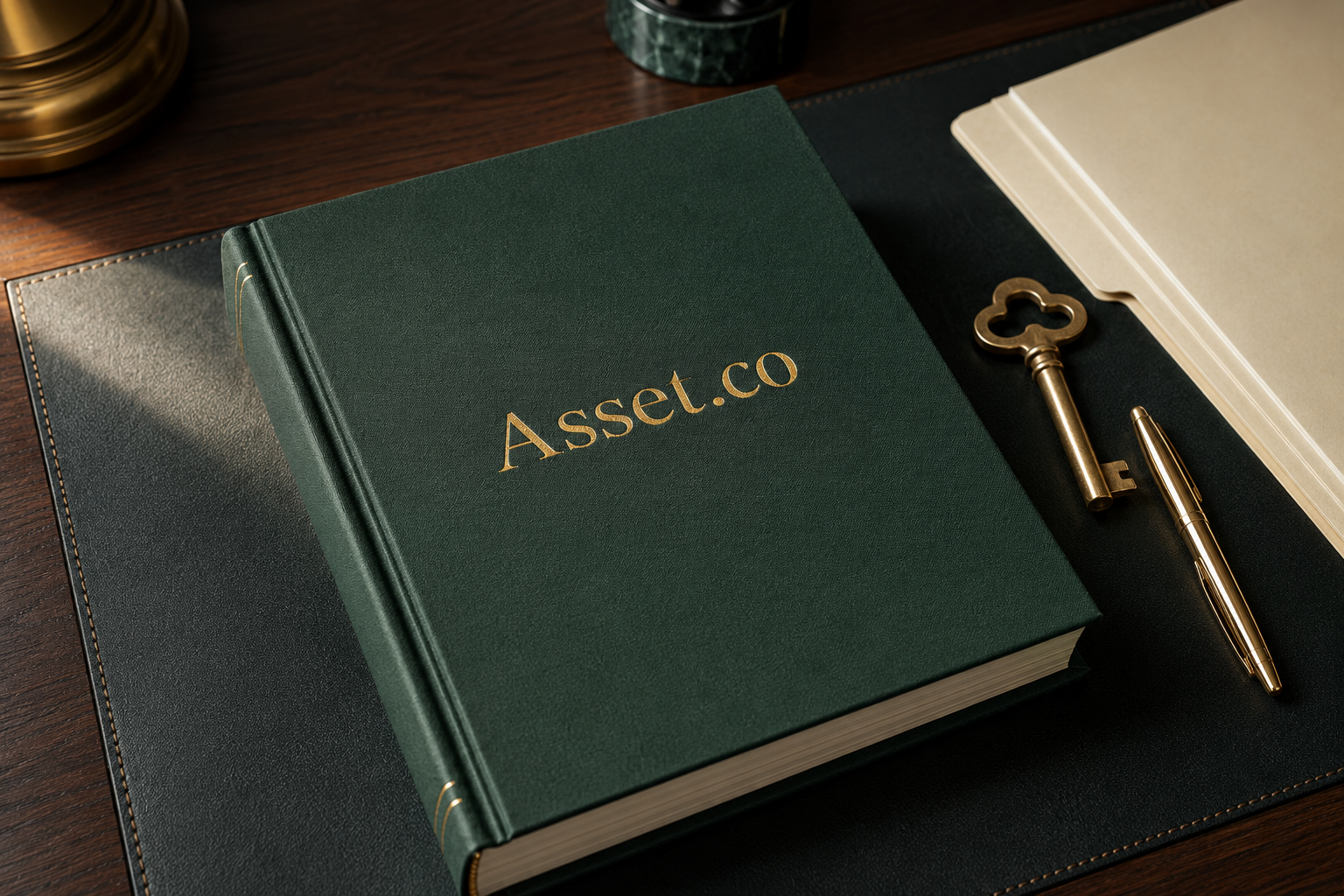 A forest-green cloth-bound Asset.co register and brass key on an oak desk blotter