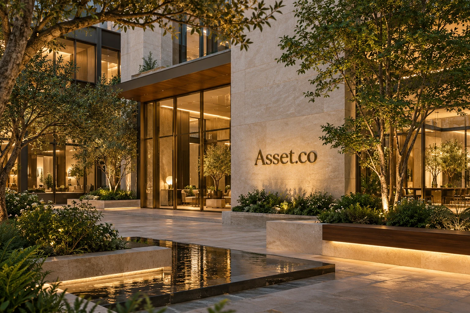 Architectural courtyard with limestone, glass and mature trees