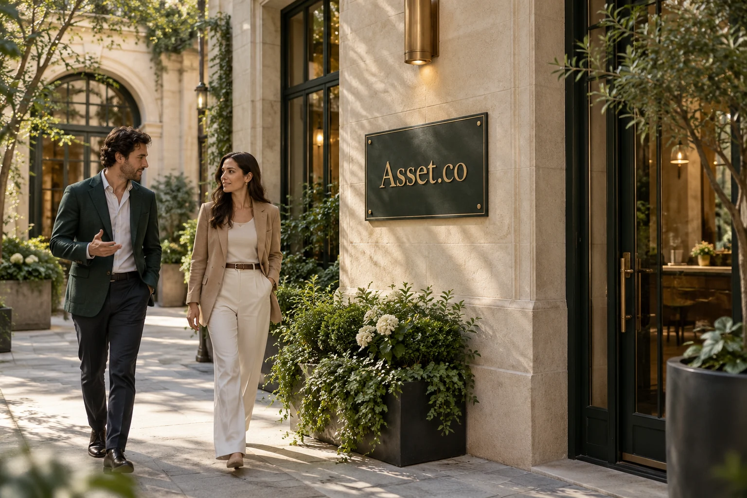 People reviewing a property in an architectural courtyard